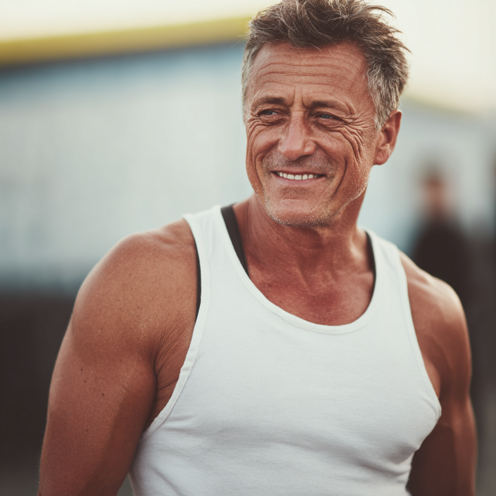 Egészséges magyar férfi stretching gyakorlatokat végez, nyugodt környezetben